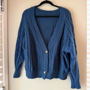Blue Cable Knit Cardigan Sweater